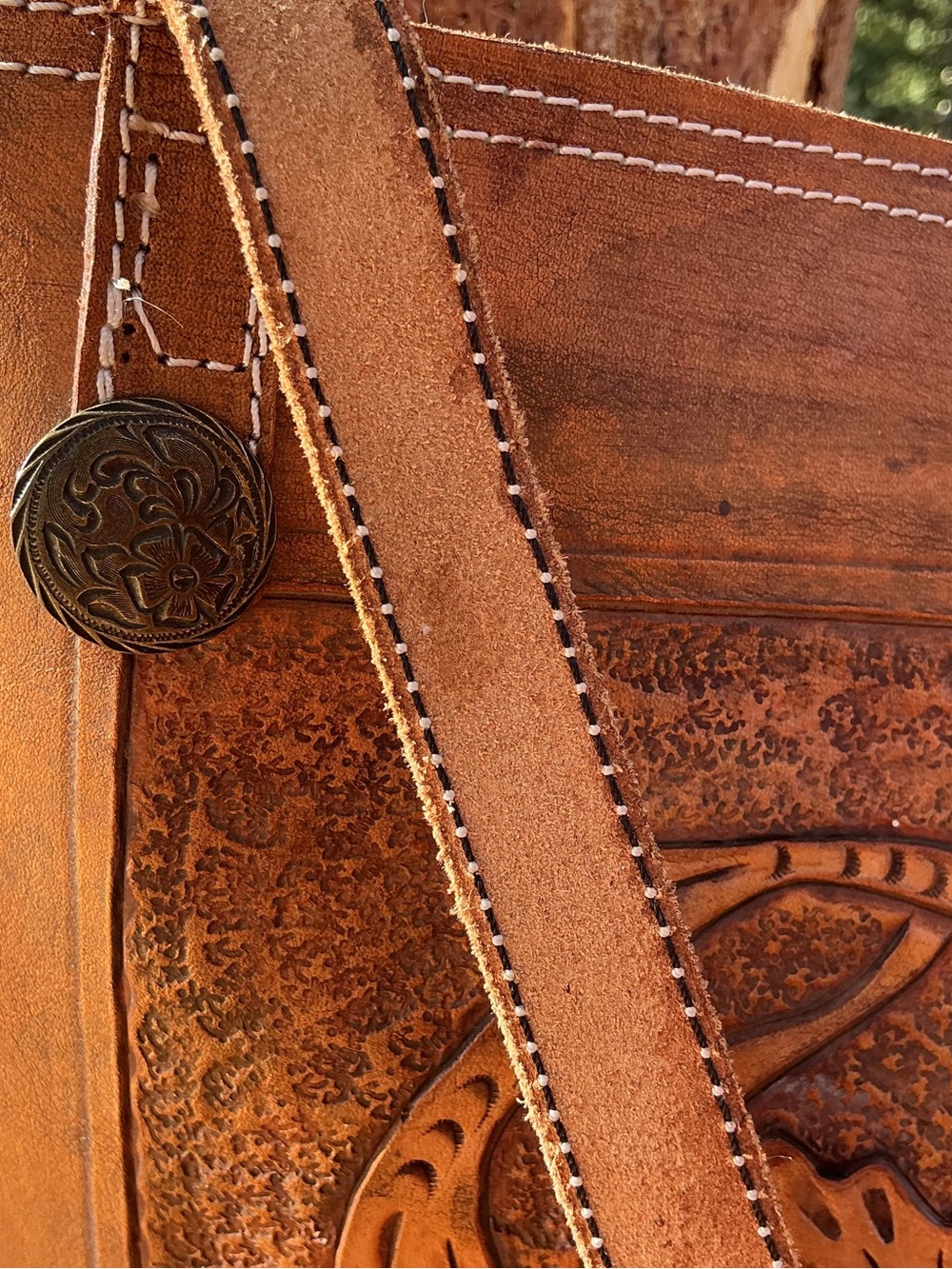 Tooled Leather Floral Tote Bag | Vintage Western Boho Shoulder Bag/ Double Sided - Picture 10 of 13